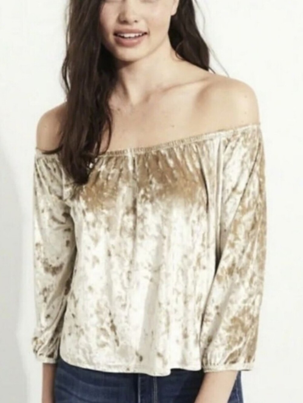 Hollister Cream Beige Crushed Velvet Off-Shoulder Crop Top, Size S